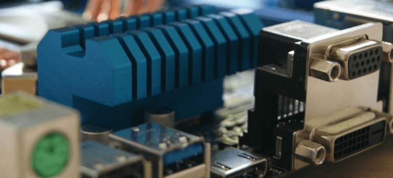 Close up of the rear side of a computer motherboard