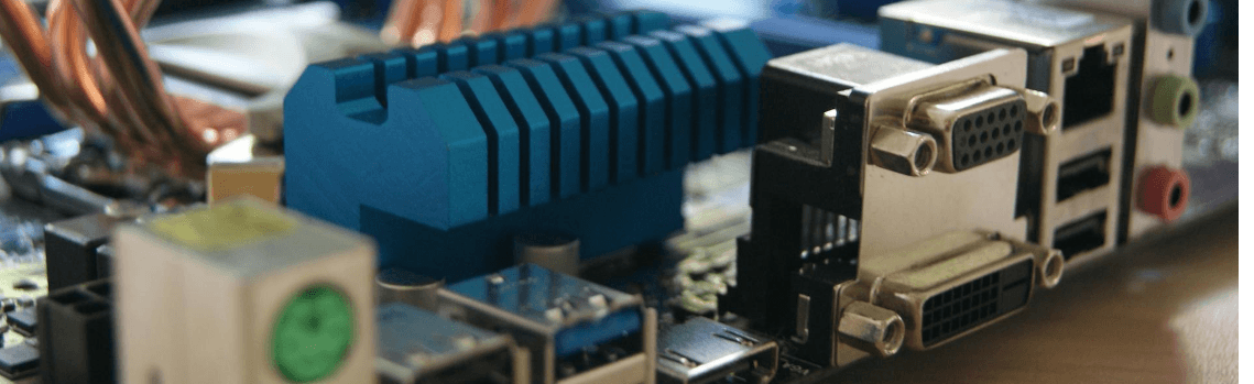Close up of the rear side of a computer motherboard